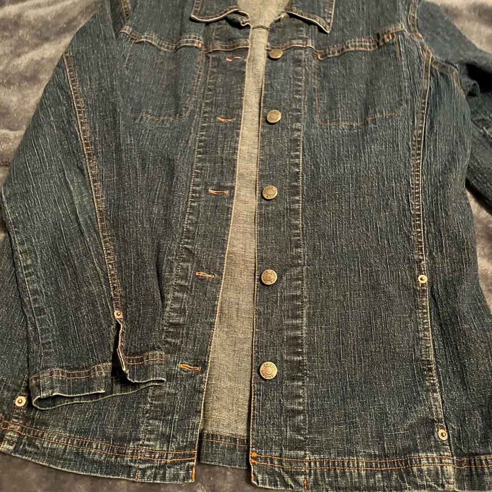 Cute longer denim jacket from Chicos size 2 which is large or 12.